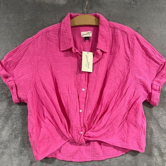 Universal Thread Short Sleeve Gauze Cotton Twist-Front Button Shirt XL Pink - Picture 2 of 7
